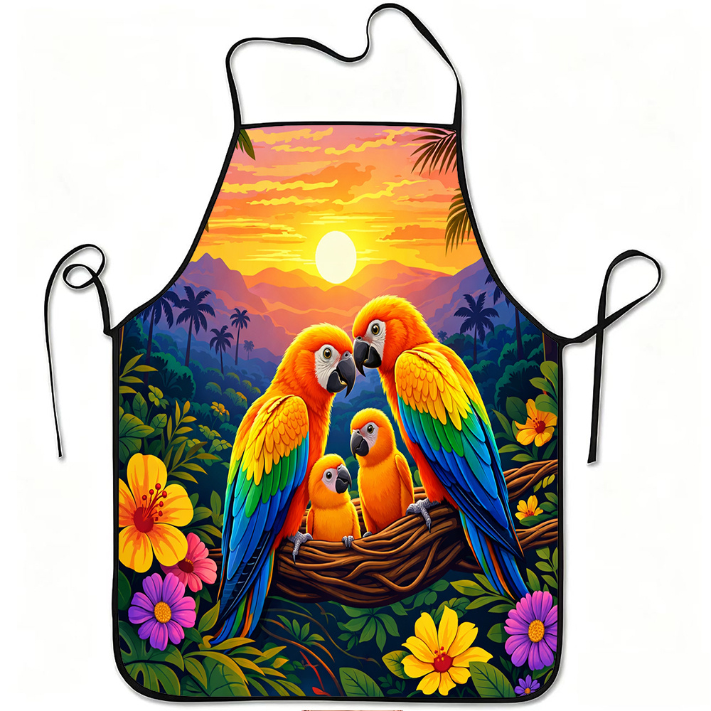 Mom'S Home Cooking - Colorful Parrot Family Apron, Tropical Bird